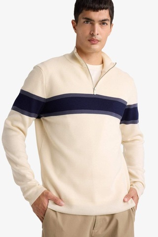 Defacto Slim Fit Dar Kesim Dik Yaka Fermuarlı Renk Bloklu Triko Kazak Y4193az25wnbg187 Bej
