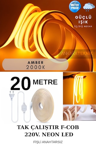 Ankara Teknik 220 Volt Cob Neon Led F-cob Led Yüksek Lümen Dış-ıç Mekan Amber 20 Metre
