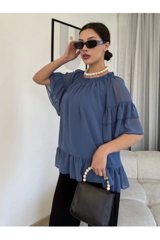 Lodmela Yaka Lastikli Şifon Bluz 6022-Indigo