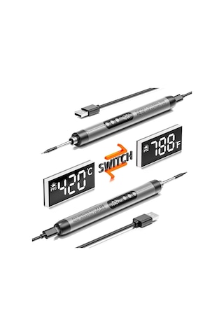 Usb Dijital Ekran Şarjlı Havya Seti 5 Vitesli Sıcaklık Ayarlanabilir Standart Sürüm Gri