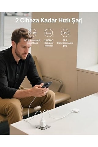 Smartprotect 2 Portlu Usb-c Şarj Cihazı 50 W, Çift Portlu Gan Şarj Cihazı, 1 M Usb-c Kablo Dahil, Macbook, Apple iPhone Uyumlu 17, İpad Pro, Chromebook, Galaxy Uyumlu S25 Ultra Ve Pixel 10 İçin Hızlı Şarj, Beyaz