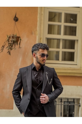 Dupont Classics Dupont Erkek Slim Fit 6 Drop Çift Yırtmaç Yelekli Takım Elbise Siyah