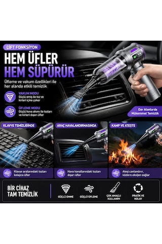 Kablosuz Araç İçi Süpürge 18000pa Güçlü Vakum Üflemeli 13 Aparatlı Type-c Şarjlı El Süpürgesi Gümüş
