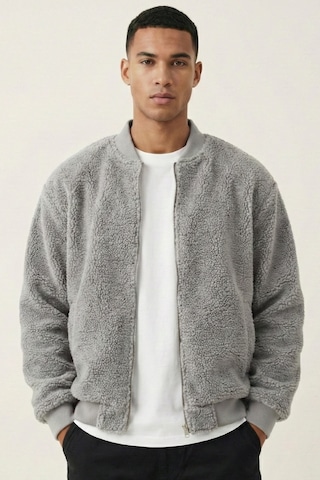 Genius Store Erkek Mont Peluş İçi Astarlı Oversize Geniş Kalıp Sherpa Kuzu Kumaş Spor Mont Gri