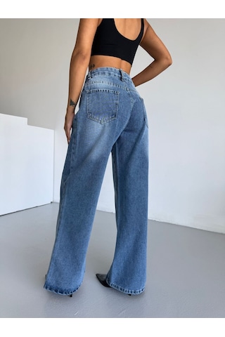 Kene Jeans Kadın Mavi İşlemli Kemer Zincirli Bol Paça Kot Pantolon Mavi