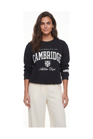Onloox Kadın Siyah Siyah Pamuklu Bisiklet Yaka Üç İplik Şardonlu Basic Baskılı Sweatshirt
