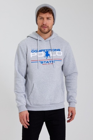 Polostate Erkek Kapüşonlu Baskılı 3 İplik Sweatshirt Gri