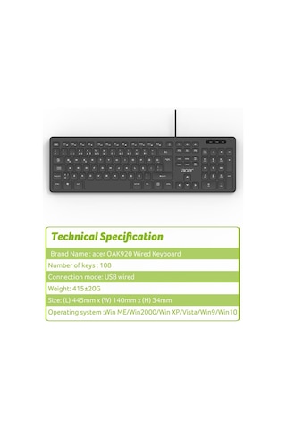Acer Oak920 Q Usb Siyah 1.8mt Kablolu Klavye-tek Tuş Hesap Makinalı Sessiz Tuş