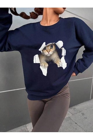 Mareandpanda Kadın Uzun Kollu Bisiklet Yaka Kedi Desenli Viskon Iki Iplik Bluz Lacivert