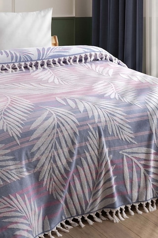 %100 Pamuk Havlu Saçaklı Bukle Yatak Örtüsü - Çift Kişilik & Püsküllü Pike - Bordo Çizgili İndigo İndigo