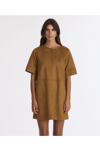 Yargıcı Düz Kayık Yaka Kısa Kol Elbise 25kkel7048x 018 Kahverengi