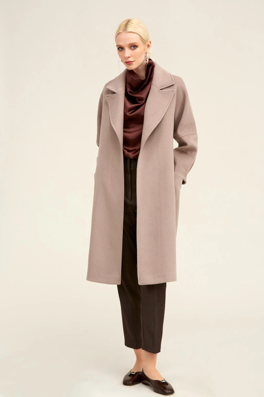 Saykı Woman Taş Regular Fit Ceket Yaka Kaşe Yünlü Oversize Manto Taş