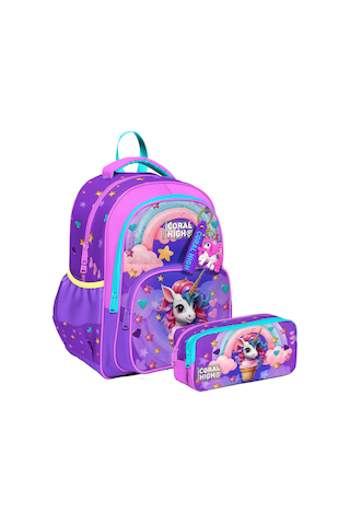 Coral High İlkokul Sırt Çantası Ve İki Bölmeli Kalemlik - Kız Çocuk - Mor Pembe Dondurma Unicorn Çok Renkli