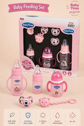 Babytime 5'li Bebek Beslenme Seti Pembe 0+ Ay 150 Ml Pp Biberon - Alıştırma Bardağı - Emzik ve Askısı Ak206