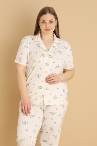 Wordex Mirano 2851 Çiçekli Milan Kumaş Kısa Kollu Düğmeli Büyük Beden Kadın Pijama Takımı Ekru