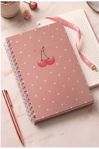 Kiraz Desenli Pembe Sert Kapak Spiralli Kareli Defter 17x24cm 120 Yaprak 1 Adet Not Defteri Okul Büro Ofis Defteri
