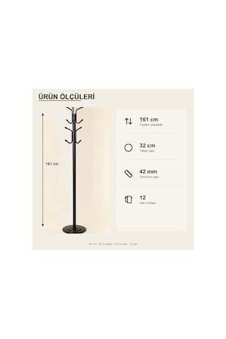 Viona 12 Askılı Metal Ayaklı Portmanto Siyah 161 Cm