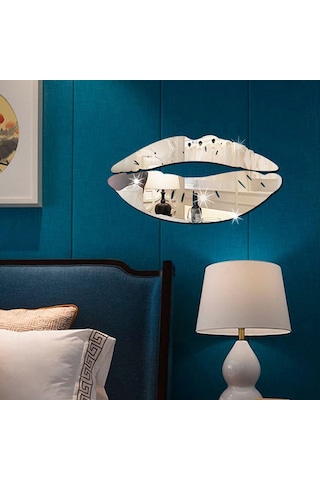 Gajeena 3b Dudak Aynalı Duvar Sticker - Gümüş Renk, Dekoratif Ve Şık Oda Süsü Gümüş