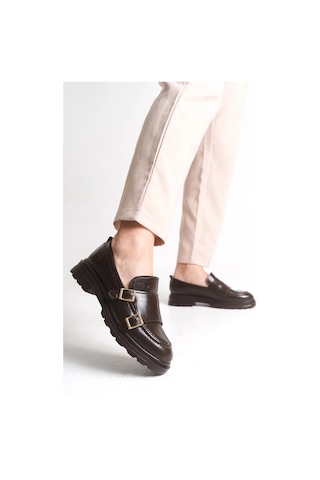 Sermoda Loafer Kadın Ayakkabı - Makosen Tokalı Casual Günlük Kadın Ayakkabı Rugan Kahve