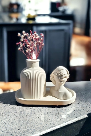 Dekoratif Kadın Figür Mini Kuru Çiçek Vazosu Set Beyaz