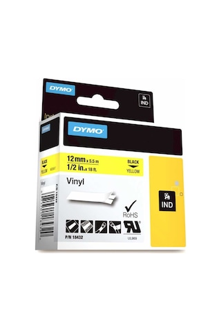 Dymo Rhinopro 18432 Sarı/Siyah Renkli Vinil Şerit 12 MM X 5.5 M