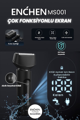Enchen Ms001 Siyah Dijital Ekranlı Ultra Yakın Kesim Folyo Başlıklı Şarjlı Tıraş Makinesi