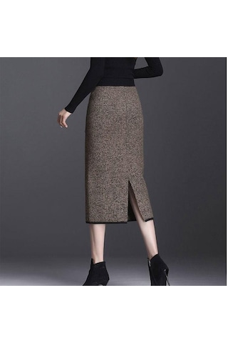 Sonbahar Kış Kadın Midi Örme Etek Kadın Etek Yüksek Bel Kalınlaşmak Cepler Ince Bir Adım Kalça Etek Kahverengi