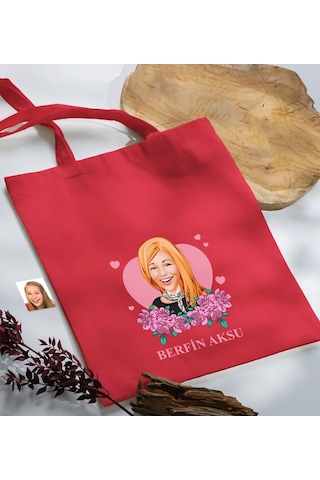 Bk Gift Kişiye Özel Anneler Günü Karikatürlü Kırmızı Kumaş Bez Çanta, Baskılı Omuz Çantası, Alışveriş Çantası, Anneye Hediye-2 Kırmızı