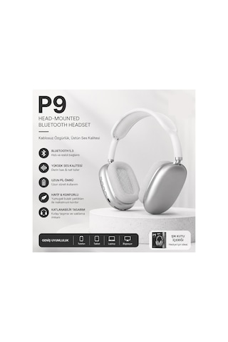 P9 Plus Kulaküstü Kablosuz Kulaklık Şarjlı Wireless Headphone Bluetooth Lu Hafıza Kartı Ve 3.5mm Jack Girişli Type C Şarj Girişli Mikrofonlu Kulaklık Mp3 Müzik Çalar