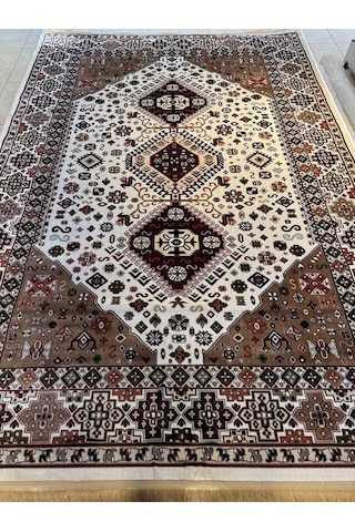 Asaryün Halı Ipek H4320ac Krem Ipeksi Geleneksel Renkli Göbekli Klasik Desen Salon Halısı Modern Renkli