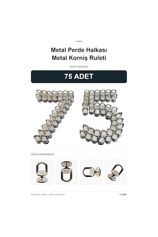 75 Adet - Metal Perde Halkası - Metal Korniş Ruleti Gümüş