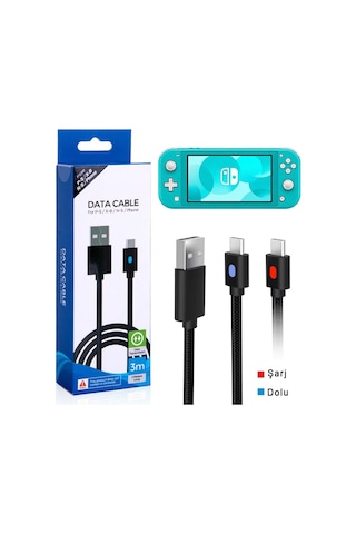 Switch Lite Şarj Kablosu 3 Metre Led Göstergeli Ns Lite Oyun Konsolu Type-c Örgü Kablo
