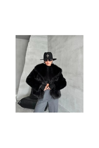Tille Şal Yakayumuşak Dokunuşlu Oversize Peluş Mont Siyah Siyah