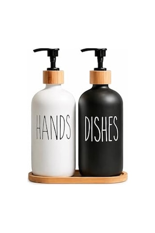 2'li Hands Dishes Siyah Beyaz Cam Sıvı Sabunluk Seti 500 Ml, Bambu Standlı Dekoratif Mutfak & Amp Banyo Sabunluk Diğer