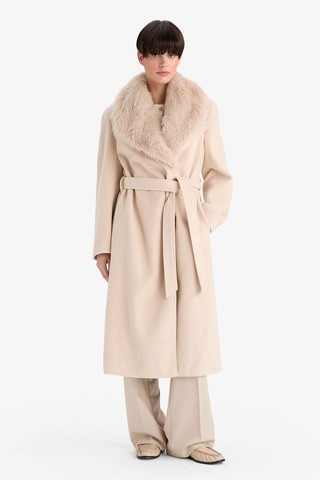 Defacto Regular Fit Suni Kürk Yaka Kuşaklı Kaşe Uzun Kaban F2811ax25wner128 Ekru-er128