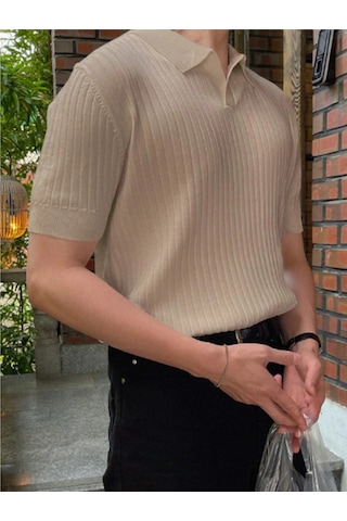 Erkek Fitilli Polo Yaka Triko T-shirt Gri