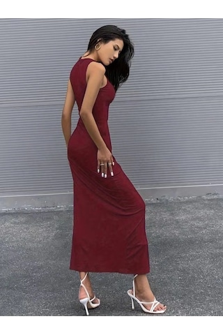 Valensdesign Kadın Omuzlardan Acık Yandan Buzgulu Yırtmaçlı Uzun Dalgıç Elbise Bordo