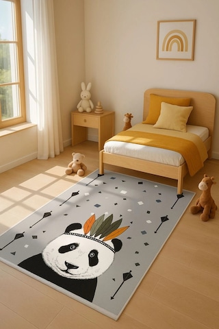 Sevimli Panda Çocuk Odası Halısı Gri