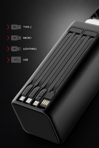 50000 Mah 22.5w Süper Hızlı Şarj Dijital Ekranlı Kablolu Led Işıklı Powerbank Siyah