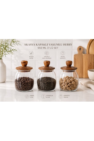 Morponi 3 Adet Akasya Kapaklı Herry Borosilikat Konik Cam Kavanoz 950 Ml Amber
