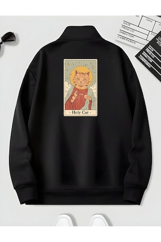 Harmandar Siyah Erkek Holycat Sırt Baskı Detaylı Dik Yaka Yarım Fermuarlı Düz Kazak Sweatshirt Siyahholycatdikyaka