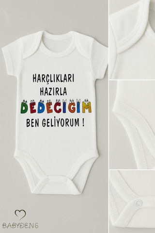 Babyden's Harçlıkları Hazırla Dedeciğim Ben Geliyorum Yazılı Çıtçıtlı Bebek Body Tulum Zıbın %100 Pamuk Beyaz