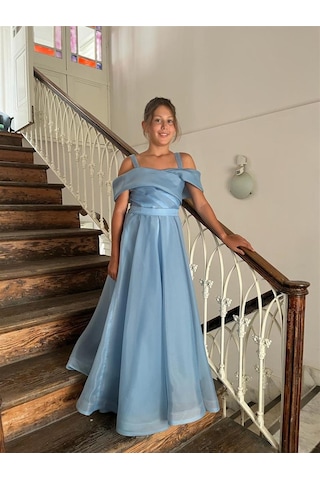 Kız Çocuk Uzun Mavi Askılı Şifon Abiye Elbise 10-14 Yaş Mavi