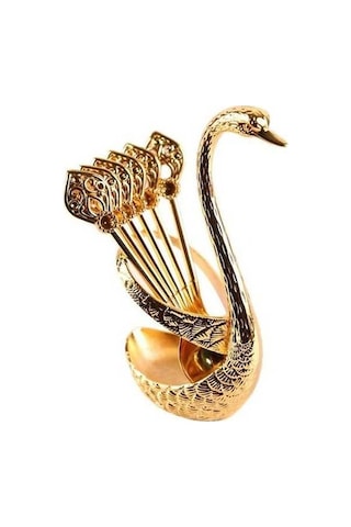 Novahub Altın Kuğu Şekilli Çatal Kaşık Seti - Paslanmaz Korozyona Dirençli Cilalı Yüzey - Depolama Tutucu İle Altın