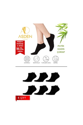 Asden Bambu Kadın Patik Çorap Beyaz 12'li, Dikişsiz, Soft Yıkamalı, Premium 6 Çift Siyah