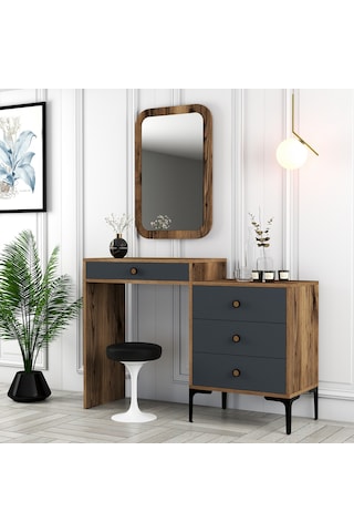 Lizbon Makyaj Masası Aynalı - Ceviz / Antrasit