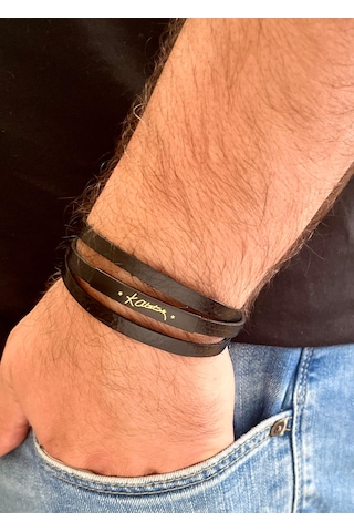 Kemal Atatürk Yazılı %100 Deri 3lü Erkek Bileklik Set 21 Cm Türk