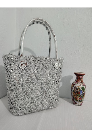 Fikriharika Design Lacebag, Metalik İp, Gümüş, Dantel, Işıltılı Kadın Omuz Çantası