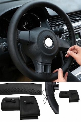 Renault Clio 3 2005-2011 Uyumlu Direksiyon Kılıfı Dikmeli Siyah Deri Siyah Dikişli