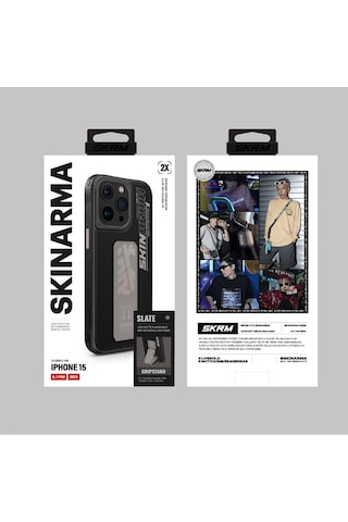 Apple Uyumlu iPhone 15 Pro Max Kılıf Skinarma Standlı Deri Görünümlü Slate Kapak Mavi